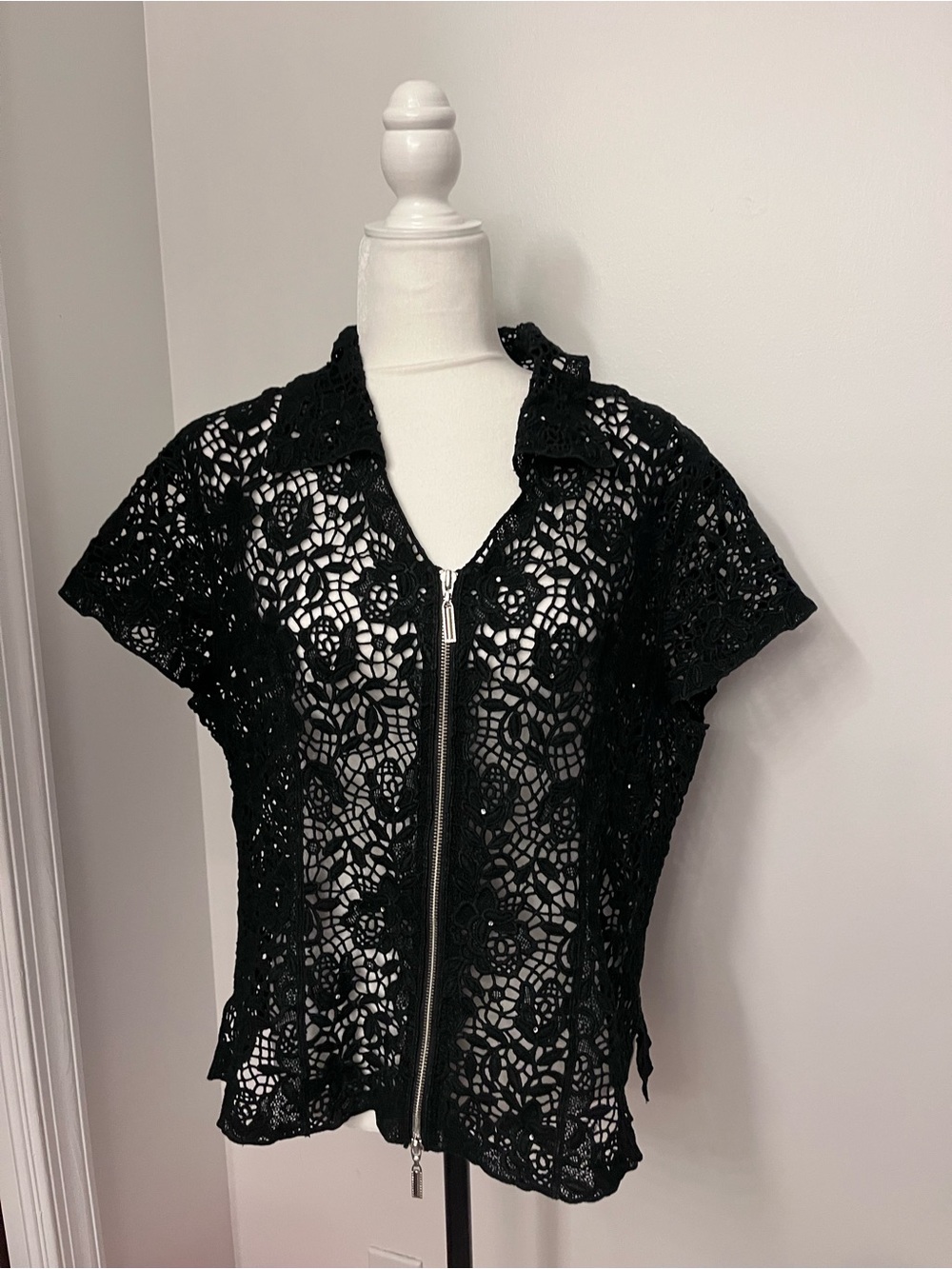 Variations Black Lace/Mesh Silver Zip Short Sleeve Collared Top Gemstone Accents